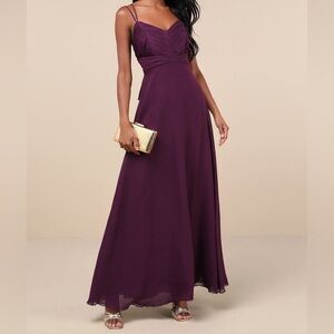 NWOT Lulu's Admirable Grace Dark Plum Chiffon Pleated Maxi Dress
